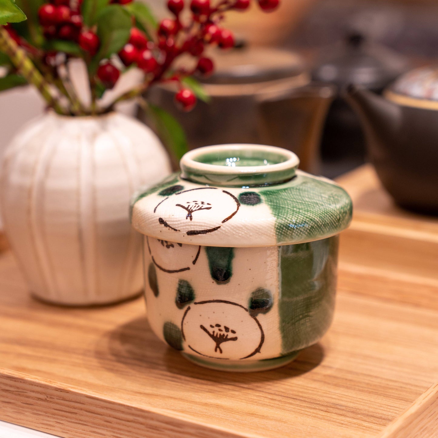 Handmade Oribe Camellia Chawanmushi Cup