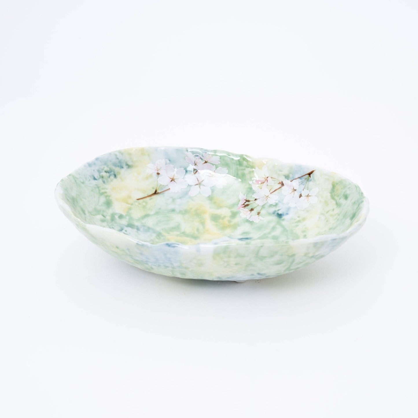 Green Cherry Blossom Mino Ware Serving Bowl