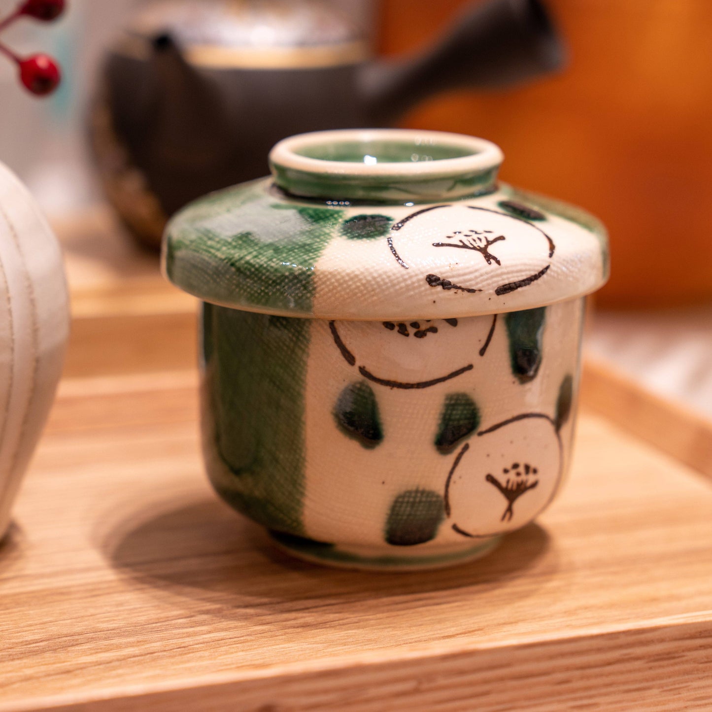 Handmade Oribe Camellia Chawanmushi Cup
