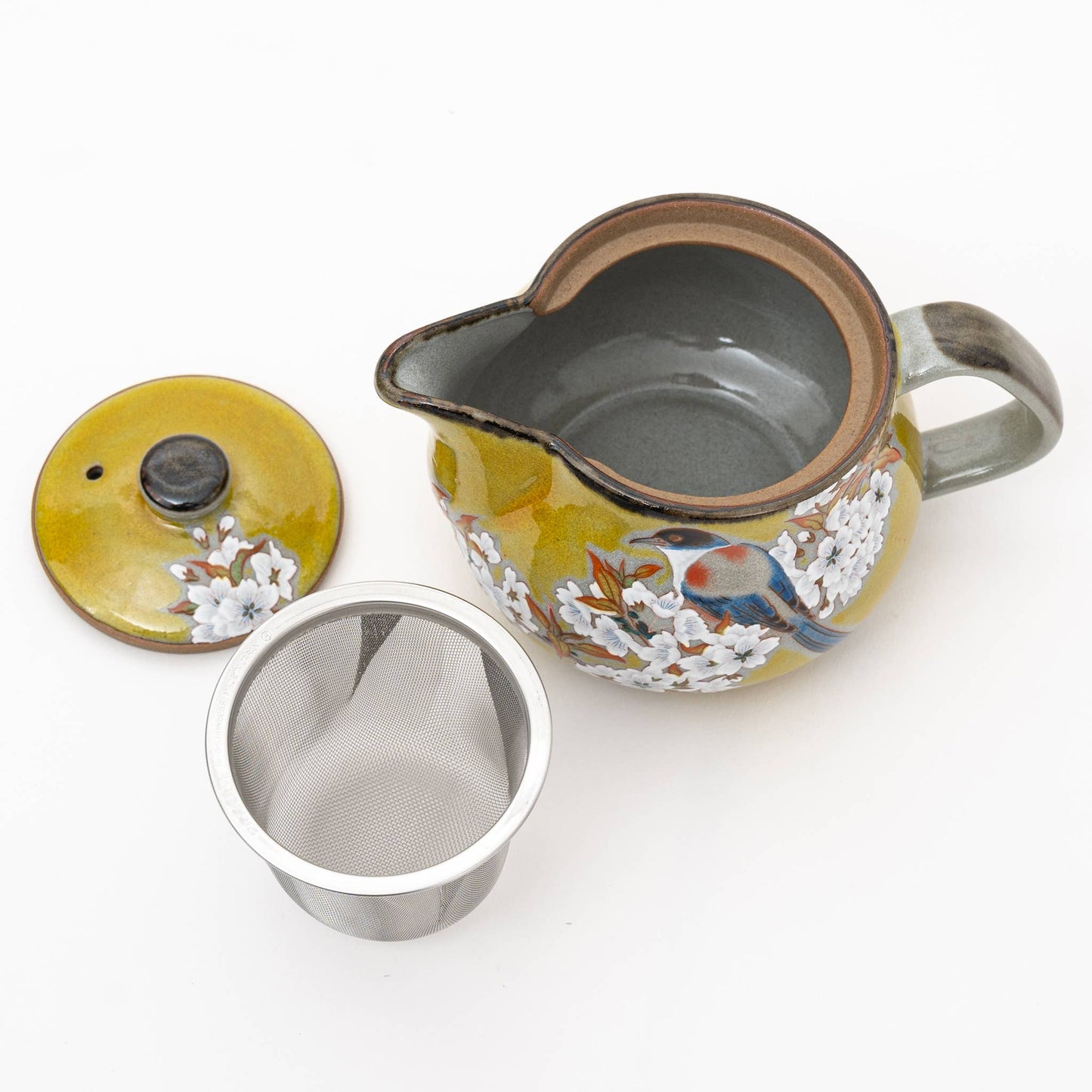 Handmade Kutani Yoshidaya Cherry Bird Teapot