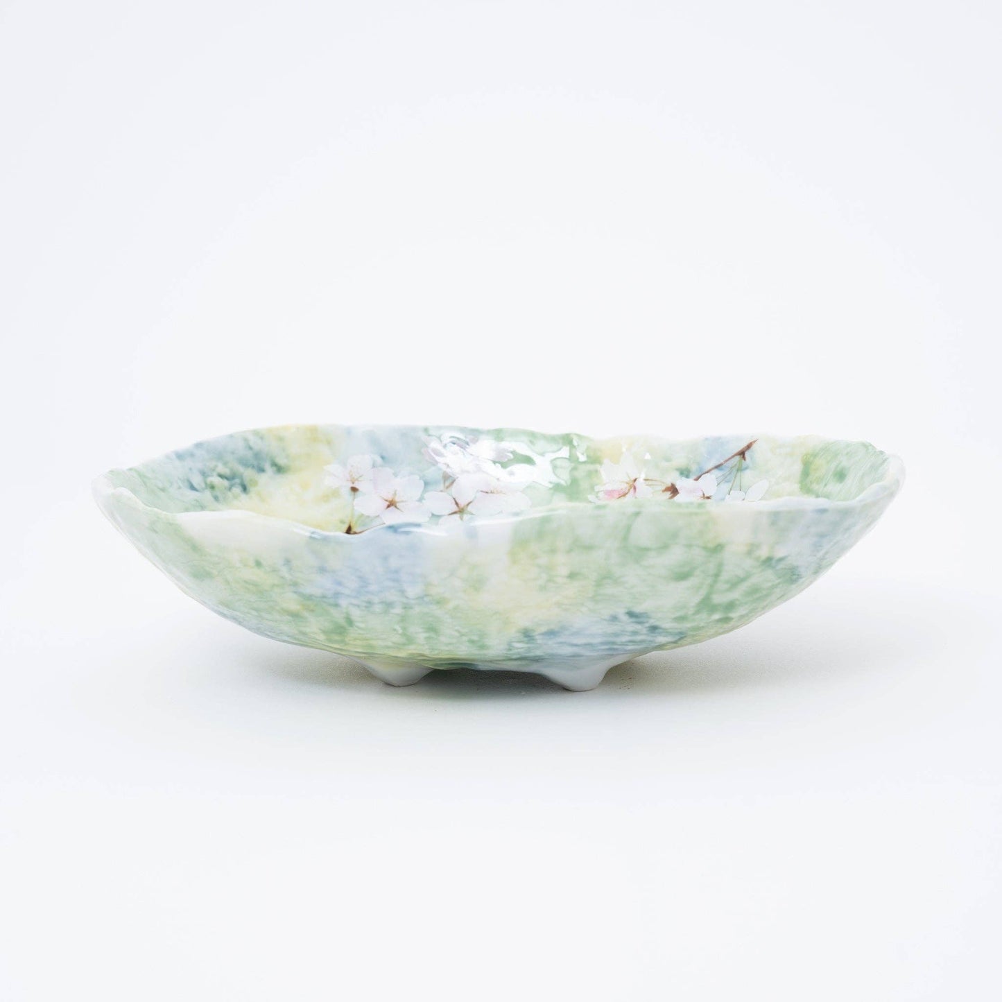 Green Cherry Blossom Mino Ware Serving Bowl