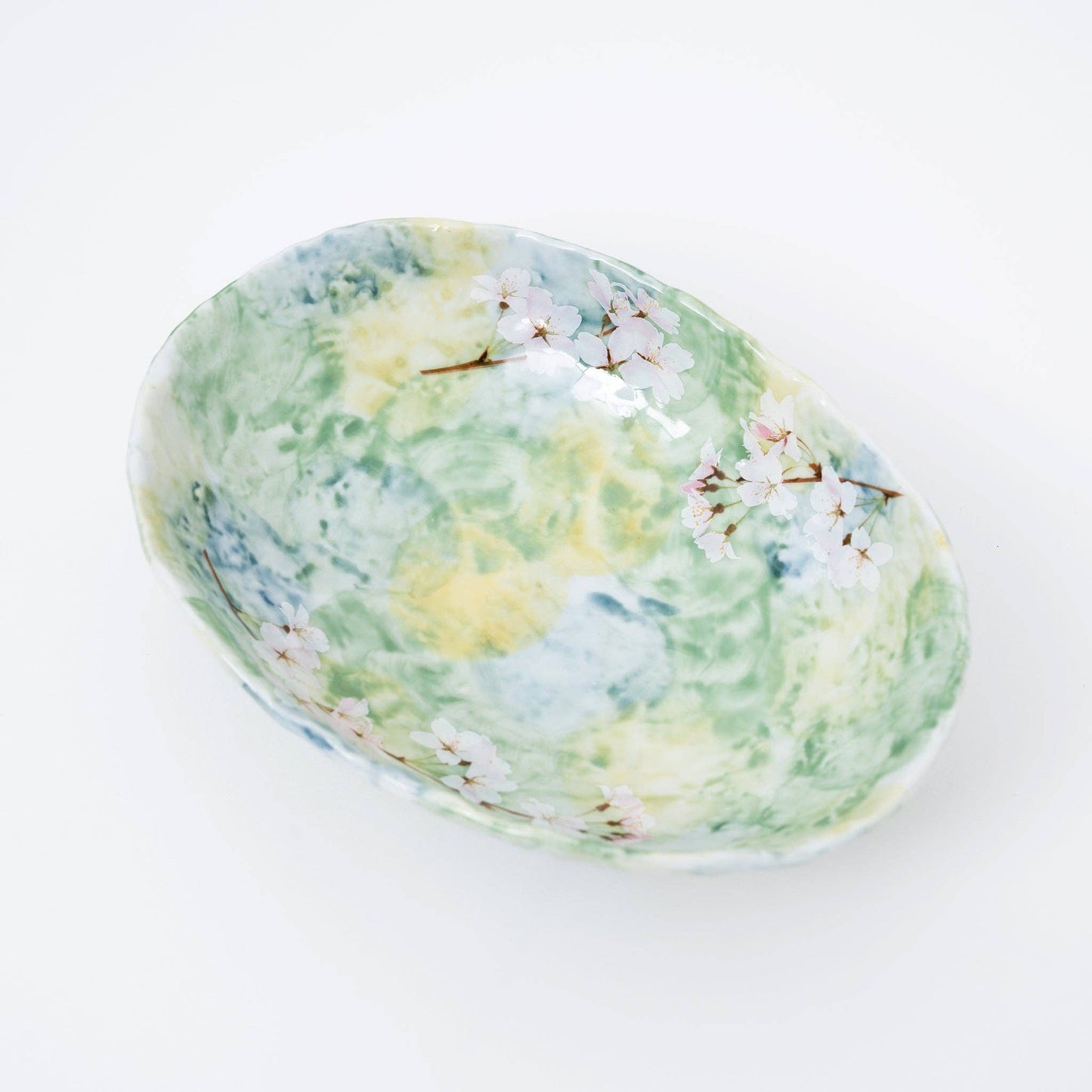 Green Cherry Blossom Mino Ware Serving Bowl