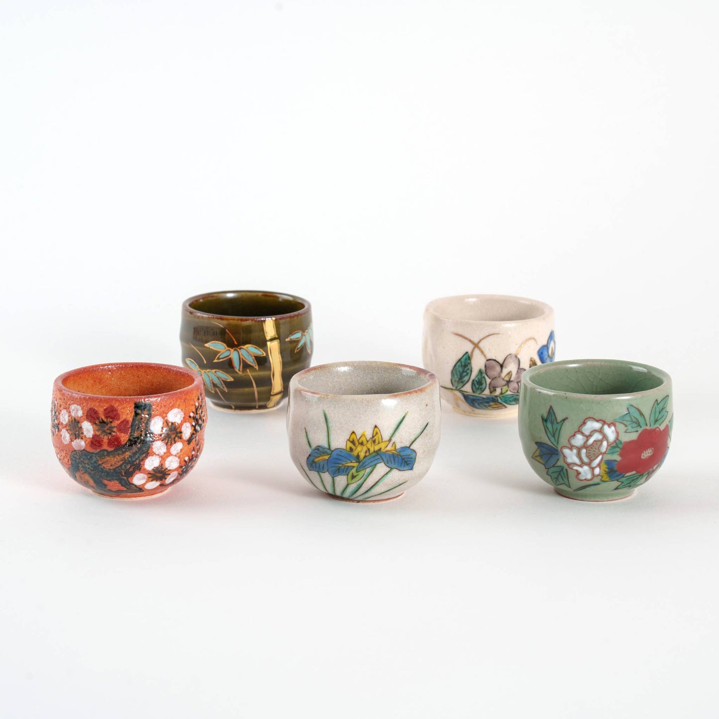 Kutani Yaki Handpainted Five Flowers Ochoko Sake Cup Set