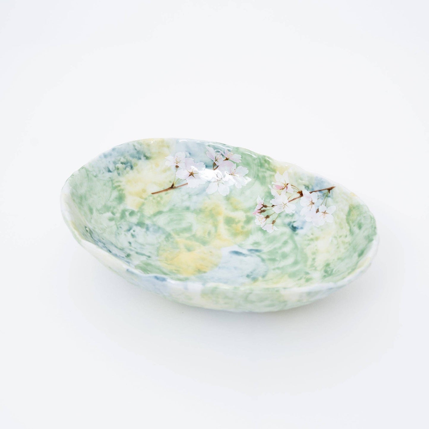 Green Cherry Blossom Mino Ware Serving Bowl