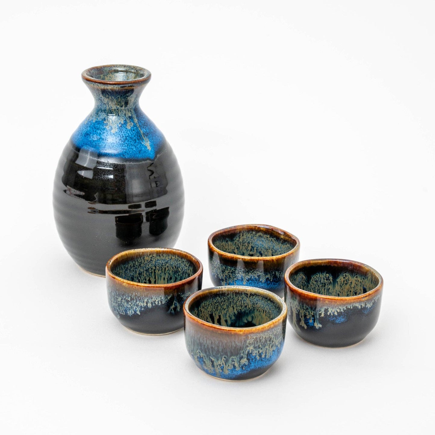 Tenmoku Sake Bottle and Cups- 5-Piece Gift Set