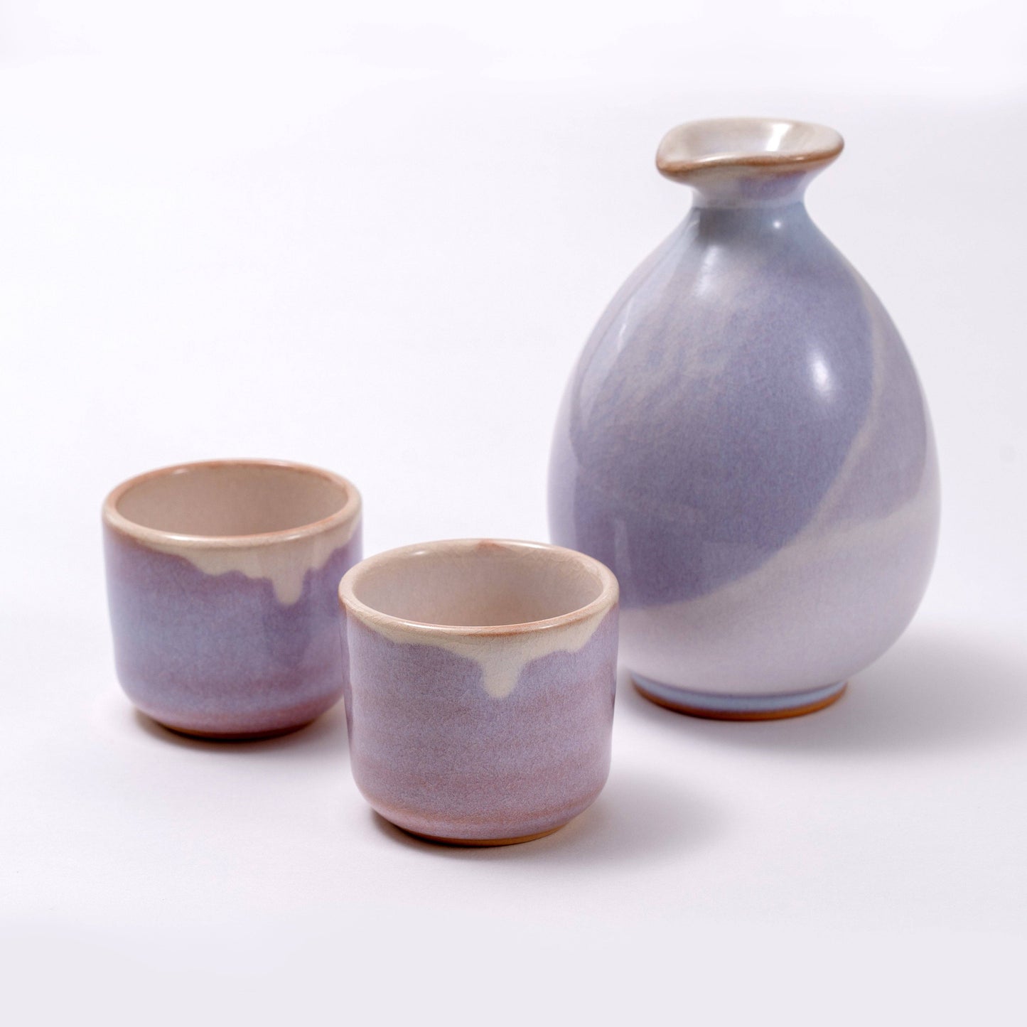 Handmade Hagi Ware Sake Bottle and Cups Set- Light Purple