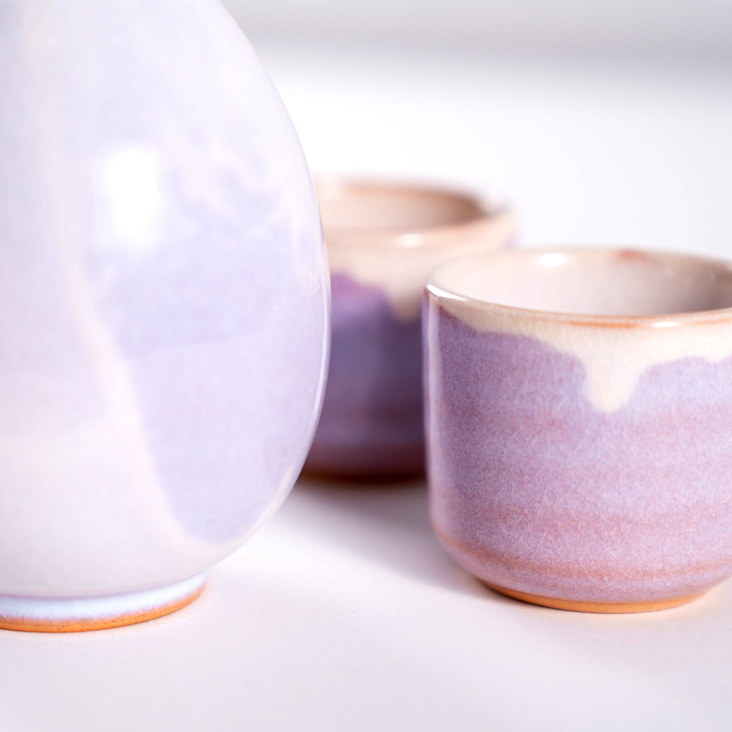 Handmade Hagi Ware Sake Bottle and Cups Set- Light Purple