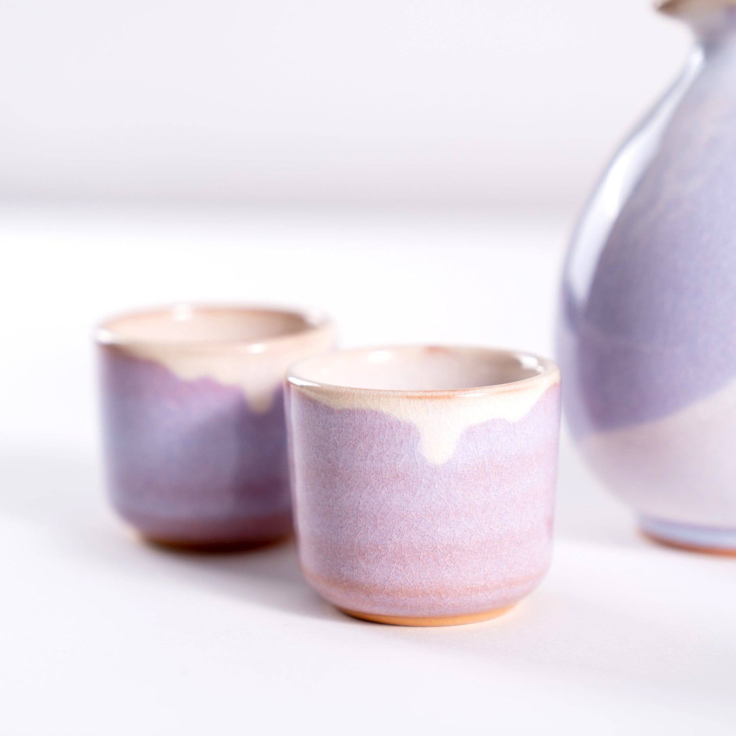 Handmade Hagi Ware Sake Bottle and Cups Set- Light Purple