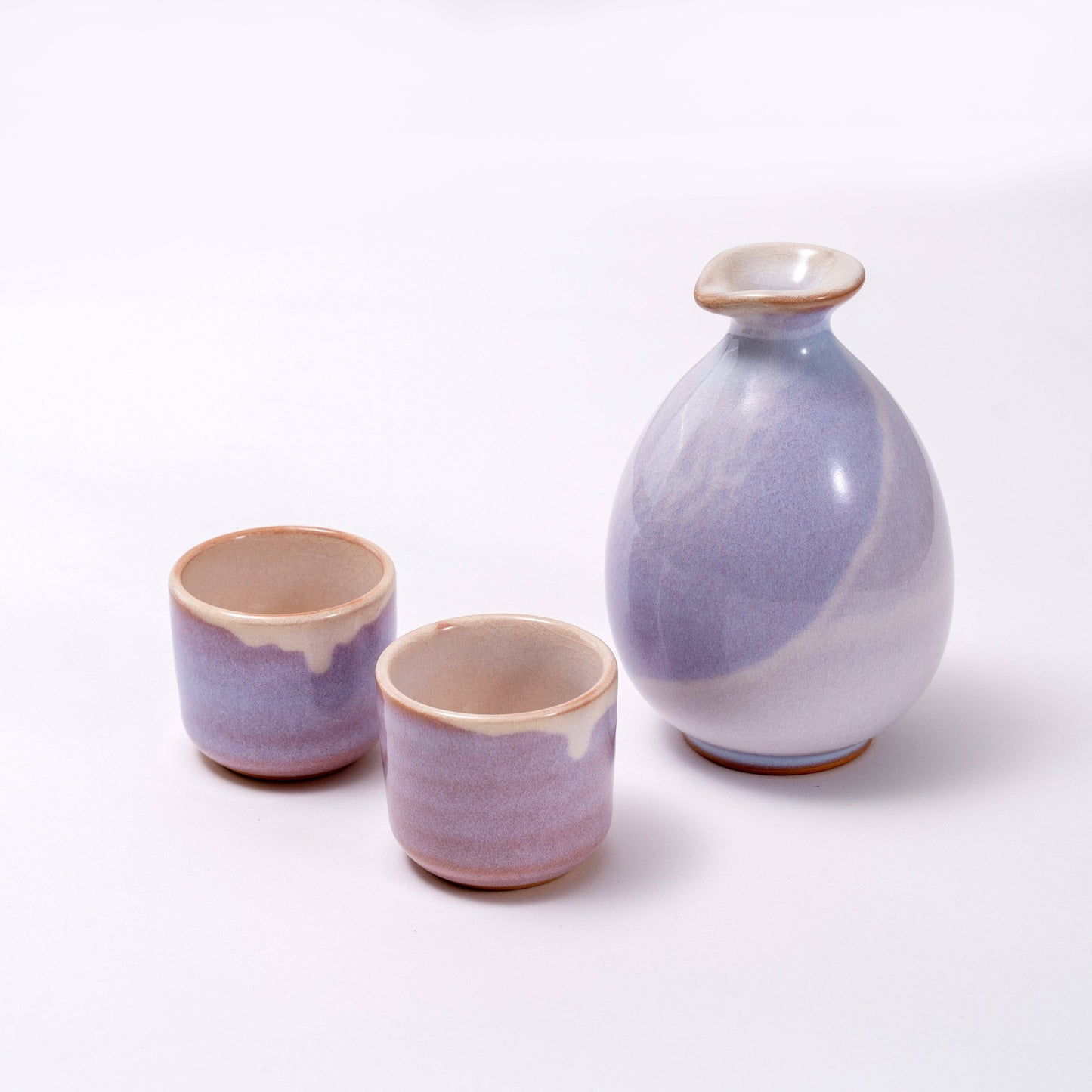 Handmade Hagi Ware Sake Bottle and Cups Set- Light Purple