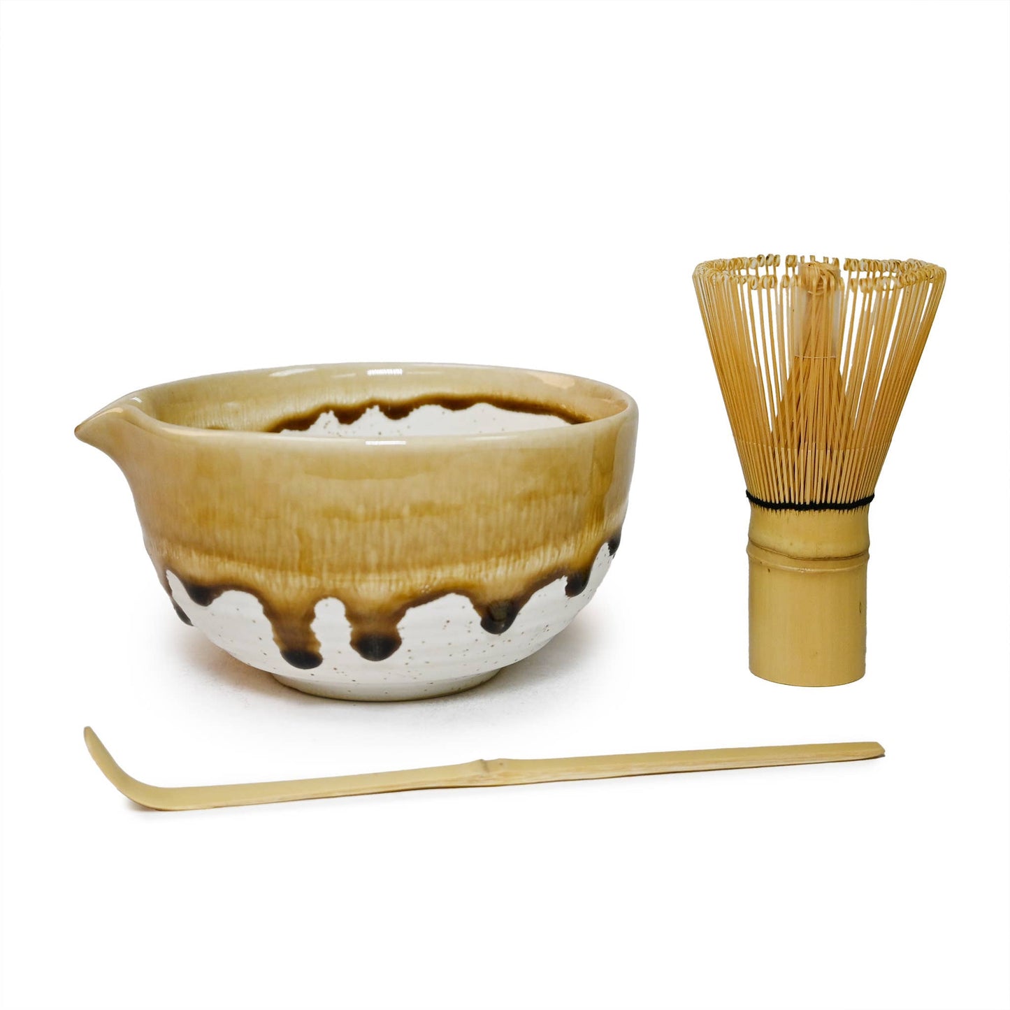 Japanese Spouted Matcha Bowl, Bamboo Whisk & Scoop Gift Set - Caramel