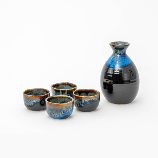 Tenmoku Sake Bottle and Cups- 5-Piece Gift Set
