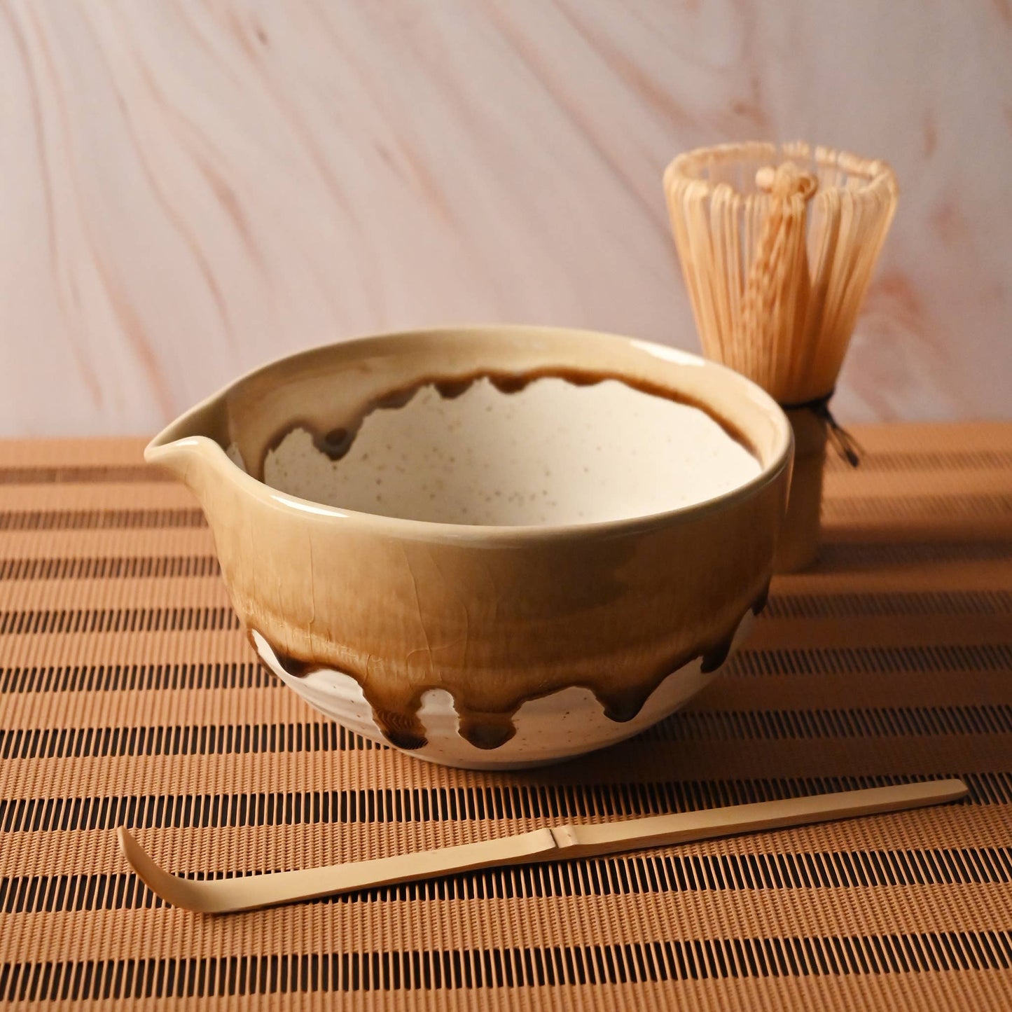 Japanese Spouted Matcha Bowl, Bamboo Whisk & Scoop Gift Set - Caramel