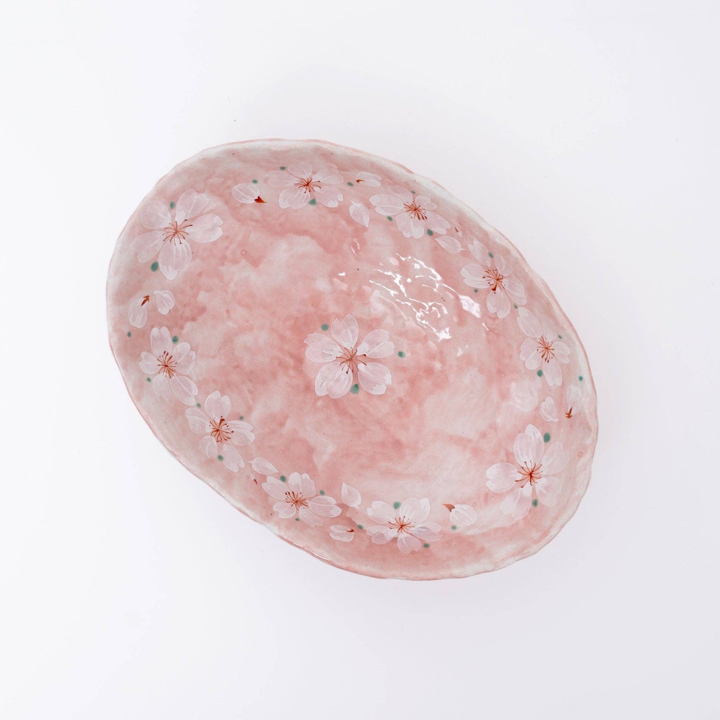 Handmade Pink Cherry Blossom Mino Ware Oval Serving Bowl