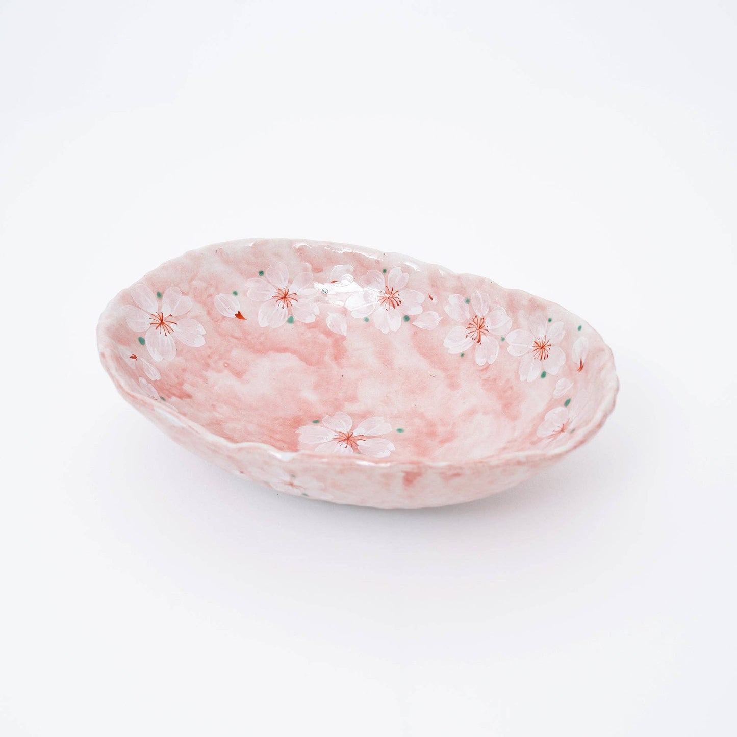 Handmade Pink Cherry Blossom Mino Ware Oval Serving Bowl