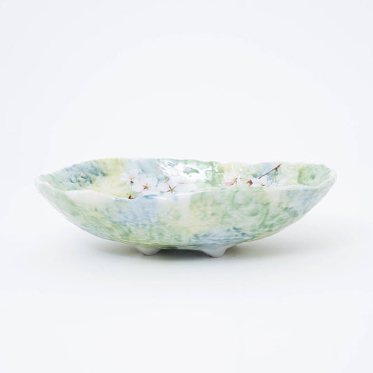 Green Cherry Blossom Mino Ware Serving Bowl