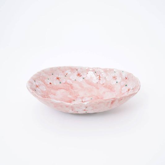 Handmade Pink Cherry Blossom Mino Ware Oval Serving Bowl